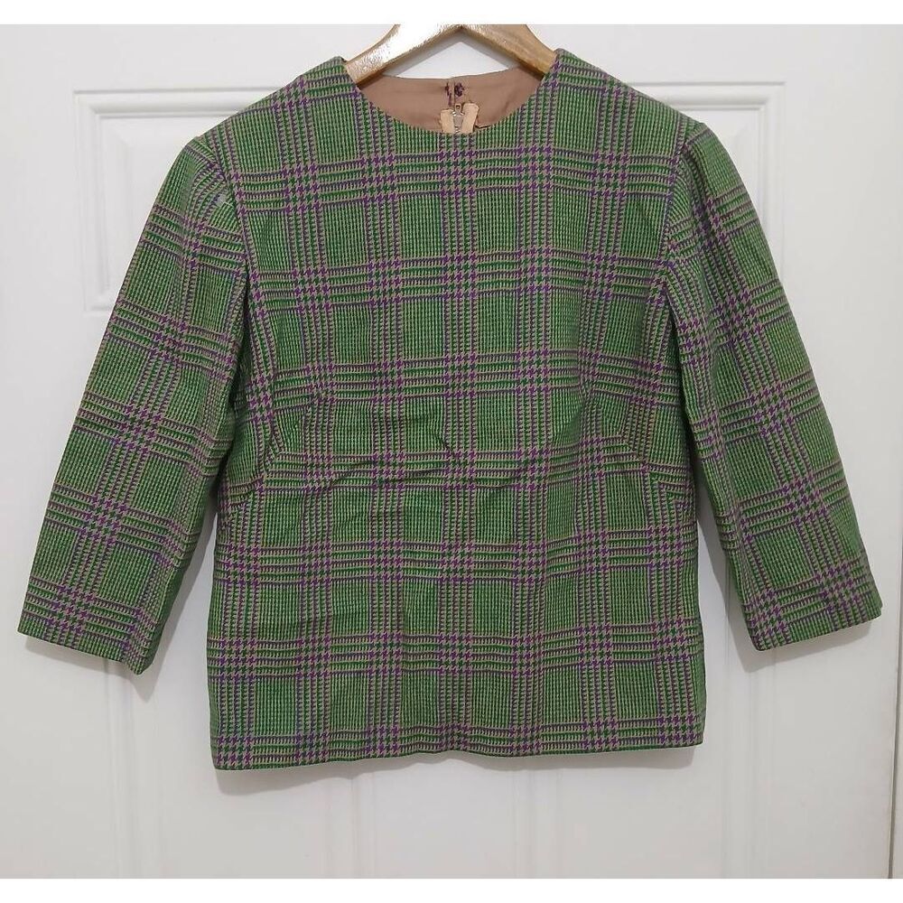 Handmade vintage womens small houndstooth wool plaid green purple shirt top
